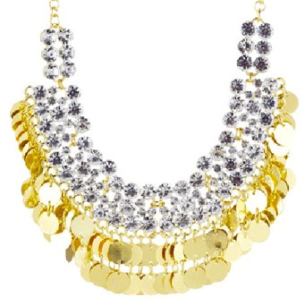 Bold necklace white crystal polished gold disc NWT